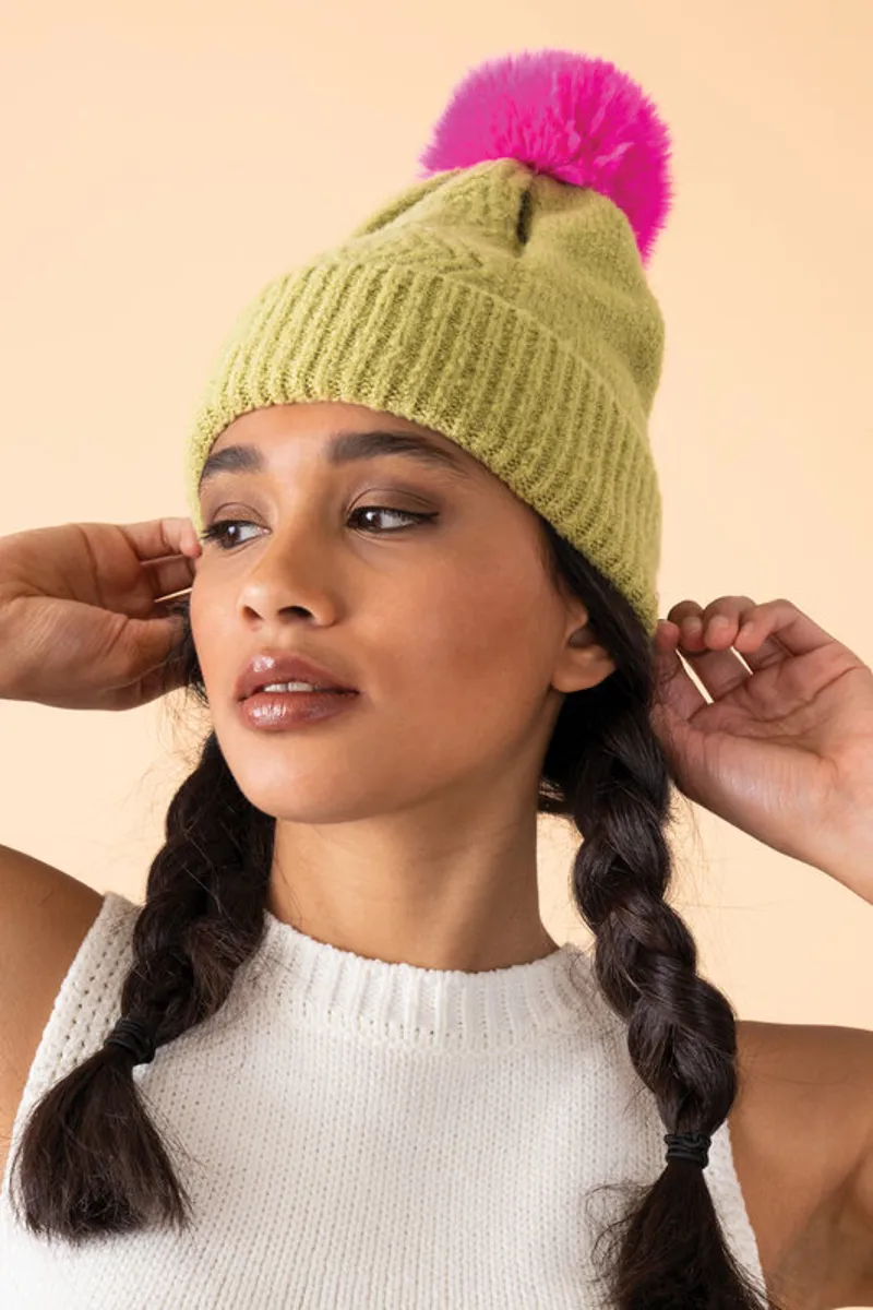 Powder Ingrid Bobble Hat in Lime/Fuchsia