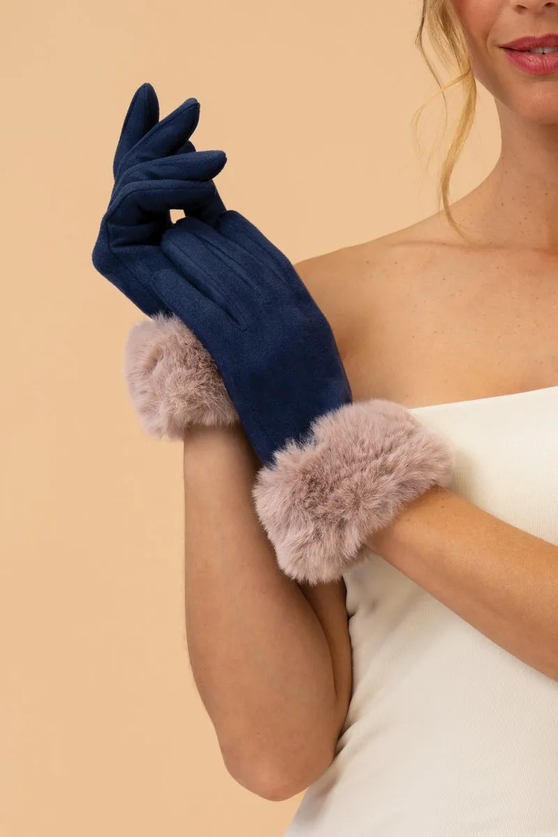 Powder Bettina Faux Suede/Faux Fur Gloves in Navy/Taupe