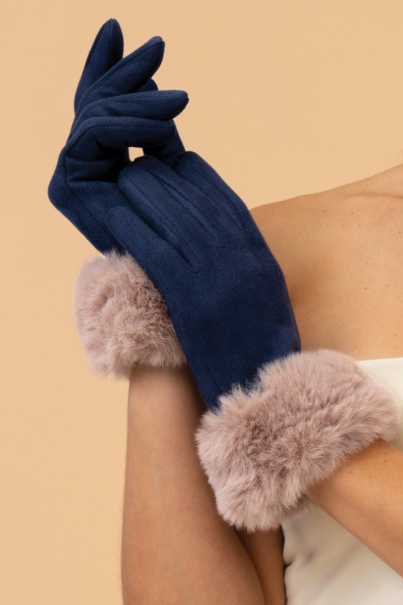 Powder Bettina Faux Suede/Faux Fur Gloves in Navy/Taupe-1