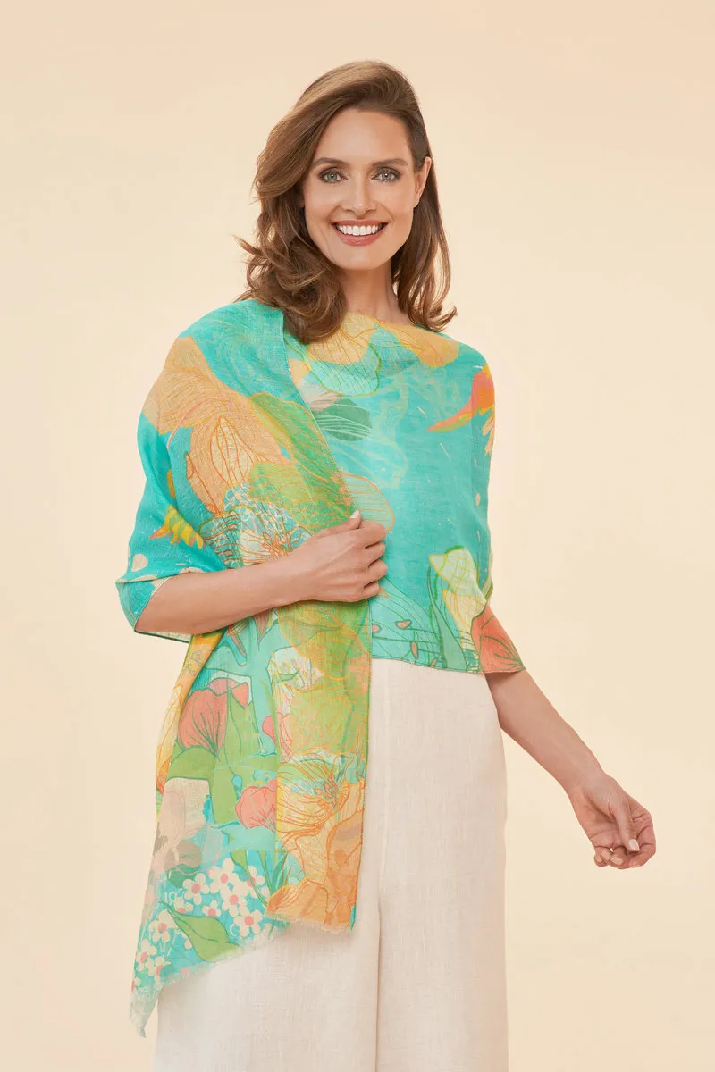 Powder Hummingbird Linen Print Scarf in Aqua