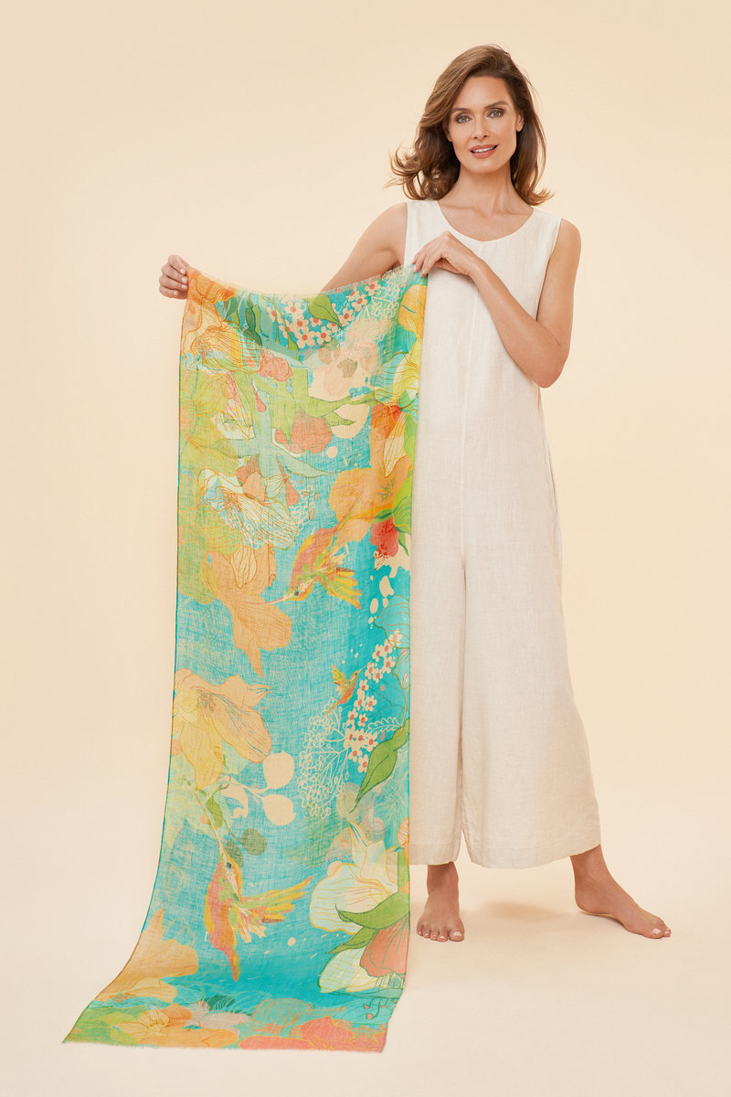 Powder Hummingbird Linen Print Scarf in Aqua-1