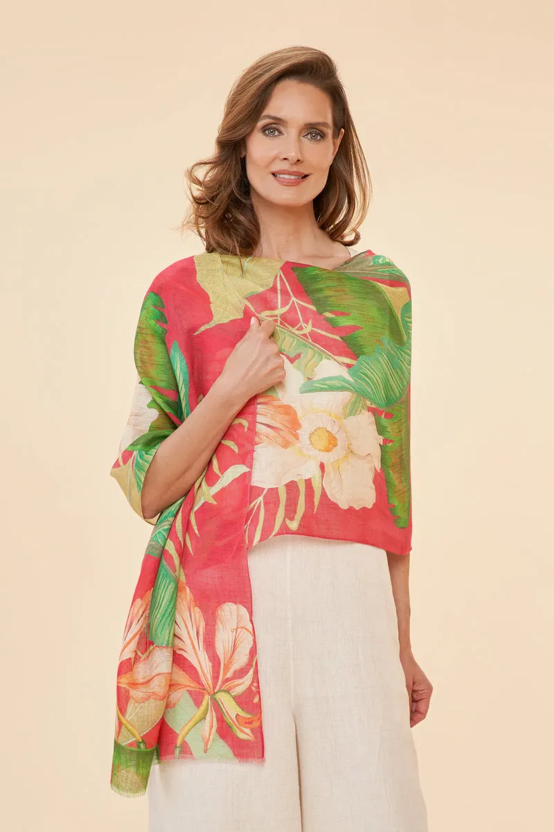 Powder Delicate Tropical Linen Print Scarf in Dark Rose