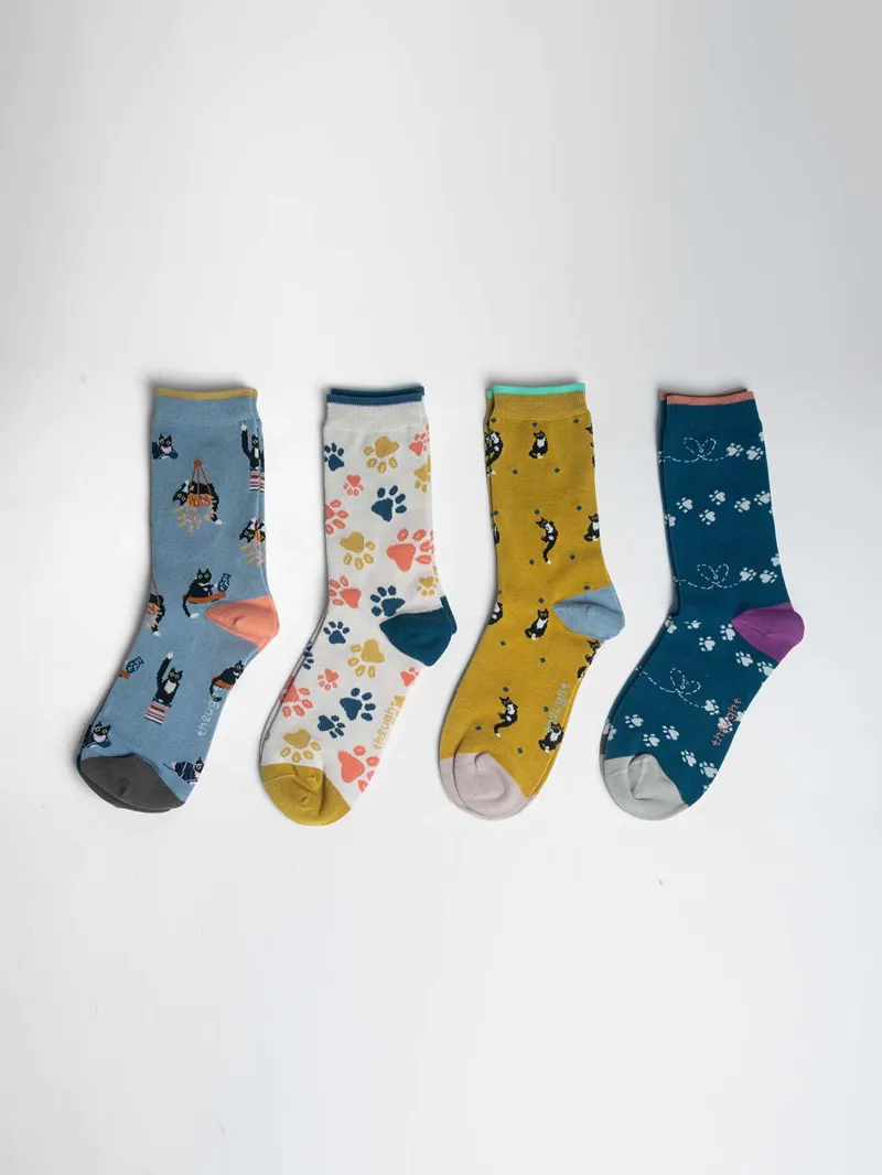 Though Sasha Cat Organic Cotton 4 Pack Sock Box Womens in Multi