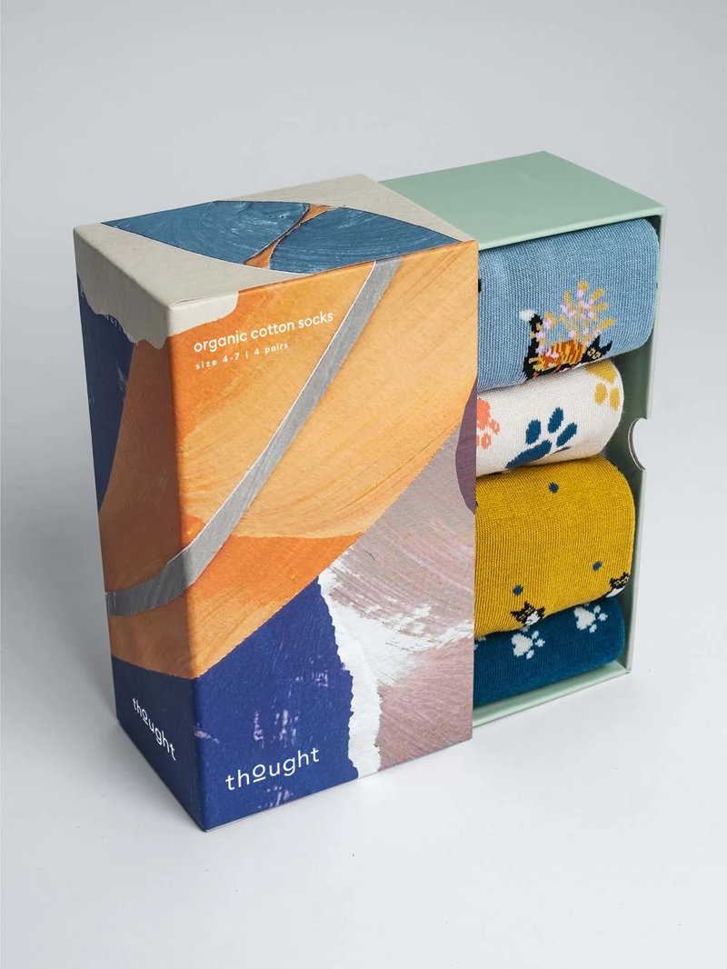 Though Sasha Cat Organic Cotton 4 Pack Sock Box Womens in Multi-9