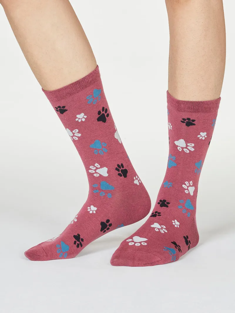 Thought Paw Print Socks Womens in Rose Pink-1