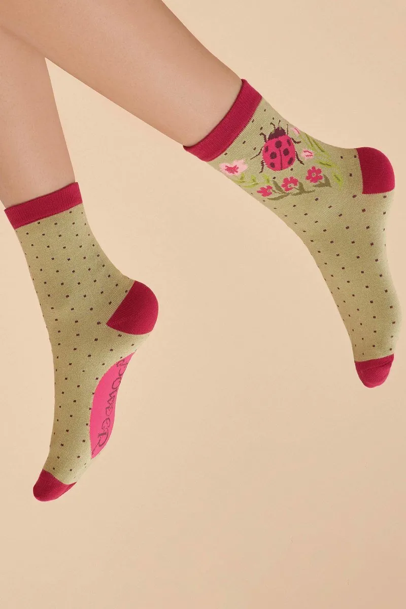 Powder Ladybird Ankle Socks Womens in Sage