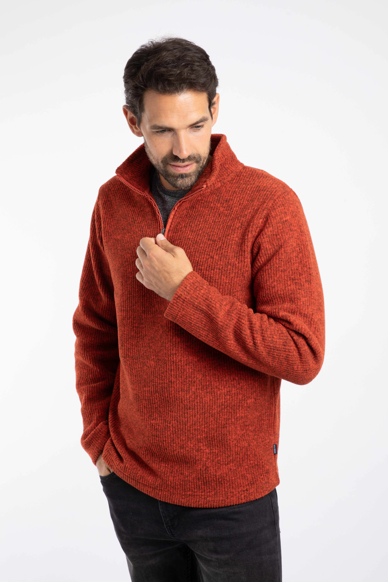 Weirdfish Newport Quarter Zip Ribbed Fleece Mens in Rust Leaves