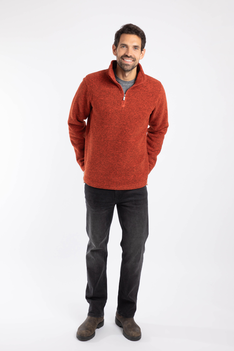 Weirdfish Newport Quarter Zip Ribbed Fleece Mens in Rust Leaves-3