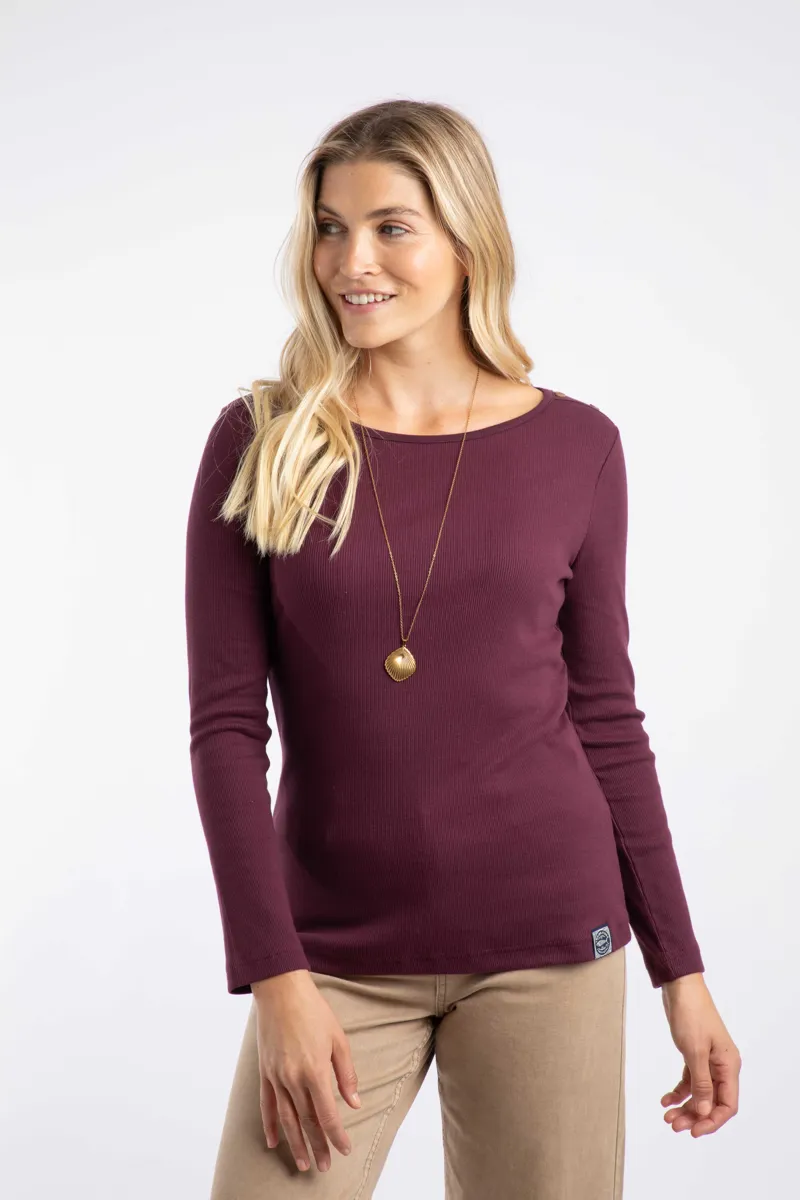 Weirdfish Maine Organic Long Sleeve Outfitter Tee Womens in Aubergine