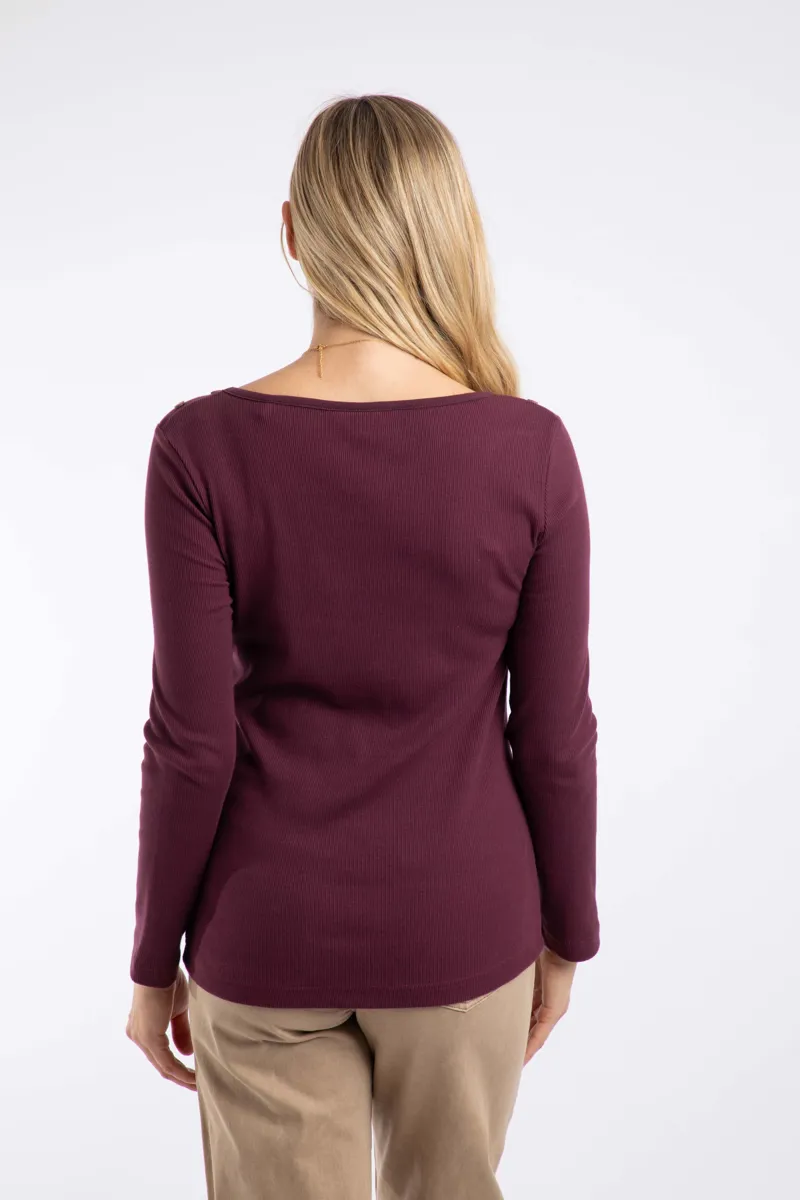 Weirdfish Maine Organic Long Sleeve Outfitter Tee Womens in Aubergine-2