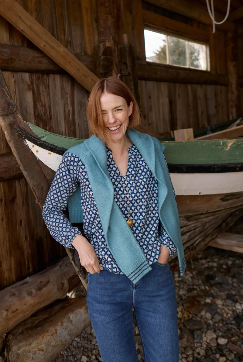 Weirdfish Brooke Organic Printed V Neck Jersey Top Womens in Indigo-1