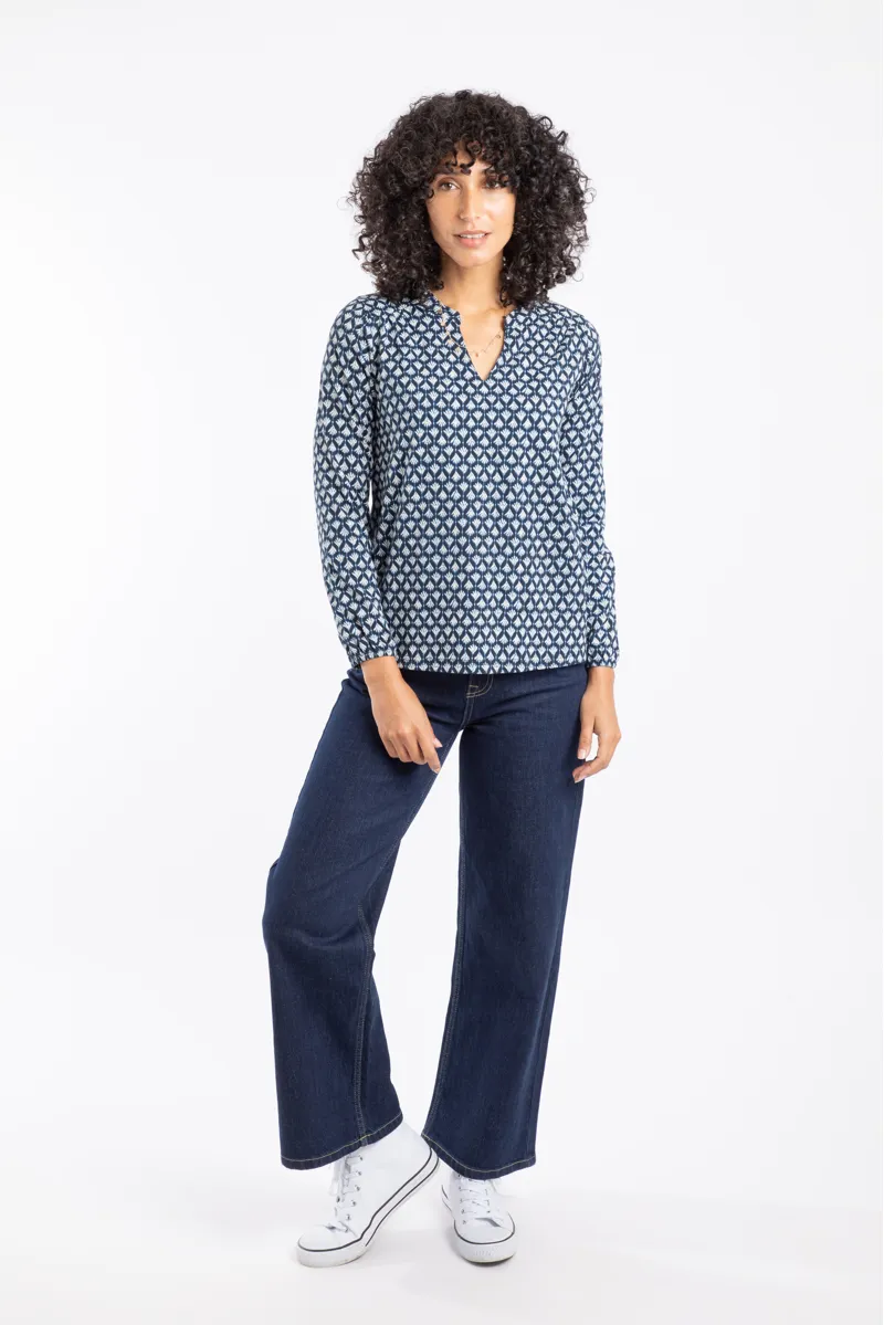 Weirdfish Brooke Organic Printed V Neck Jersey Top Womens in Indigo