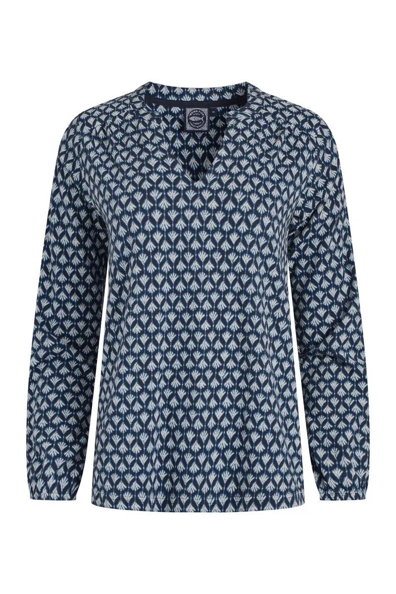 Weirdfish Brooke Organic Printed V Neck Jersey Top Womens in Indigo-2