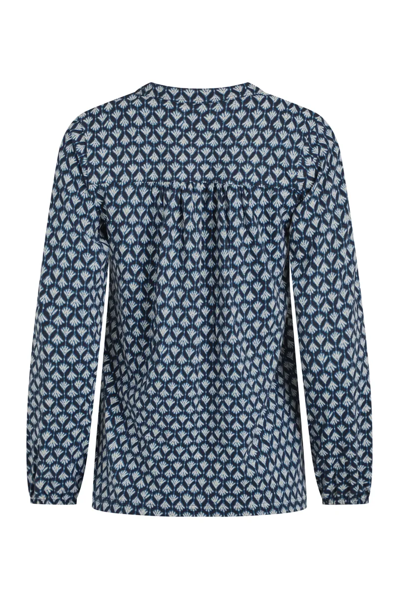 Weirdfish Brooke Organic Printed V Neck Jersey Top Womens in Indigo-3
