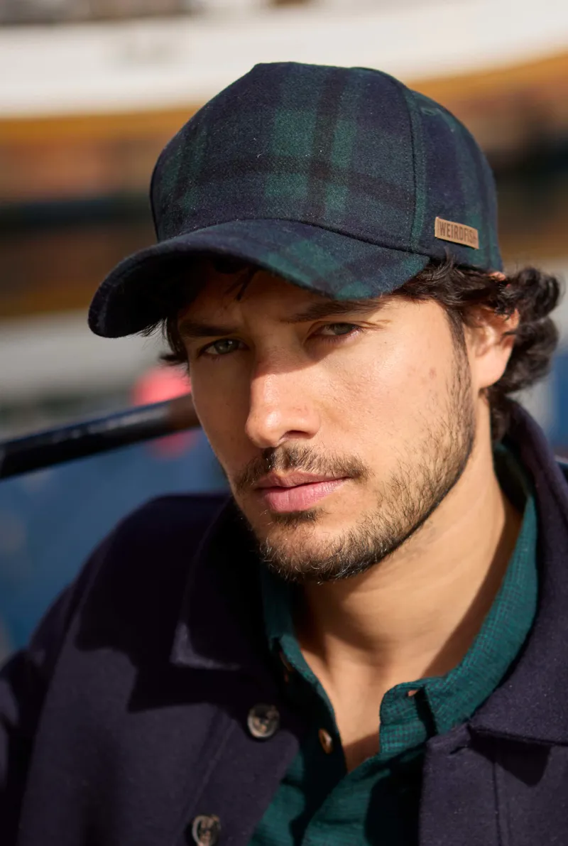 Weirdfish Falkirk Flannel Check Cap in Cedar Green