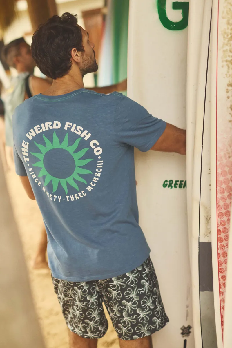 Weirdfish Sun Beam Heritage Wash  Graphic Tee Mens in Washed Blue
