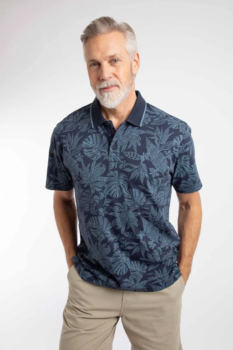 Weirdfish Sarat Organic Cotton Printed Polo Mens in Blue Mirage