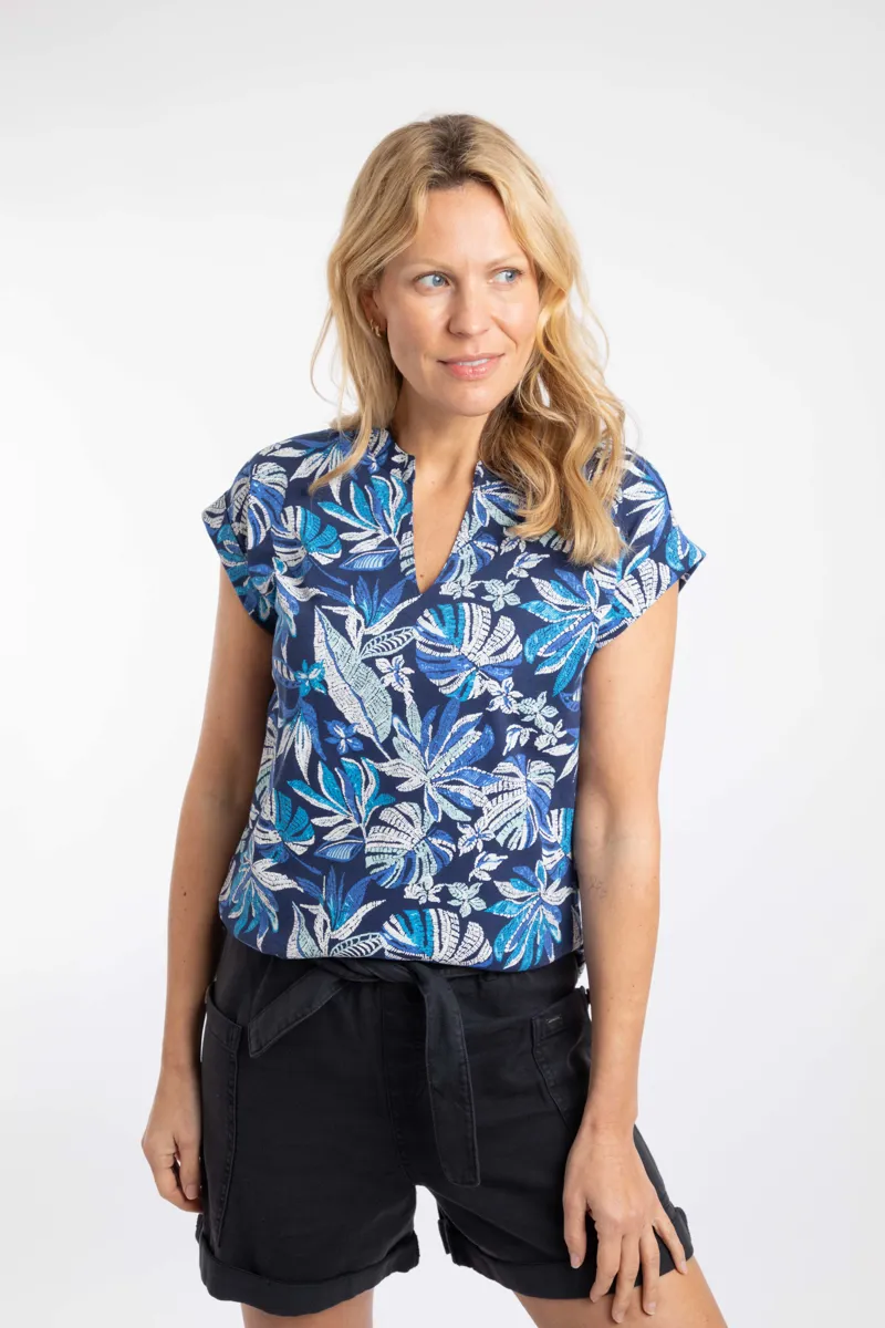 Weirdfish Alia Organic Cotton Printed Jersey Top Womens in Blue Indigo