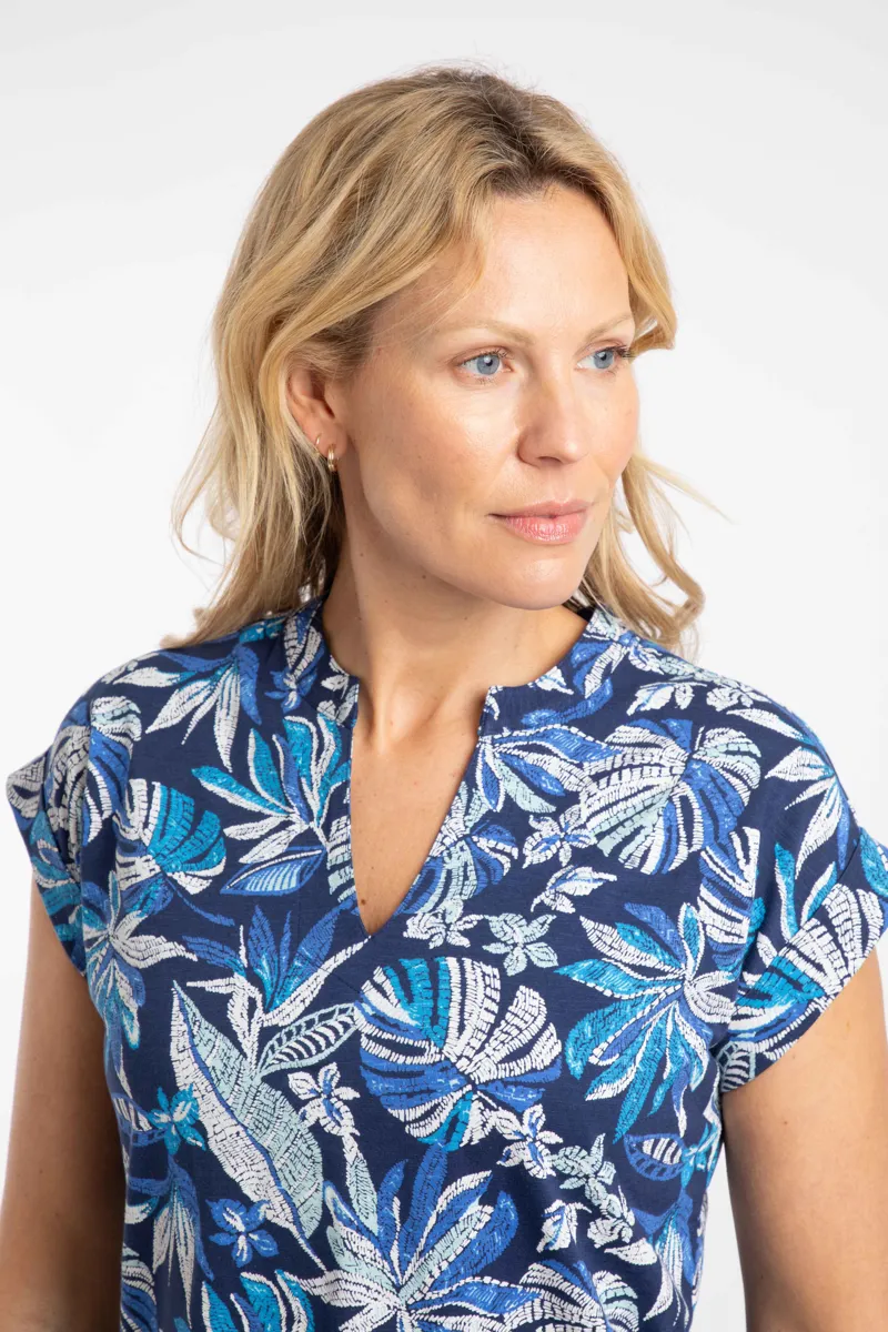 Weirdfish Alia Organic Cotton Printed Jersey Top Womens in Blue Indigo-2