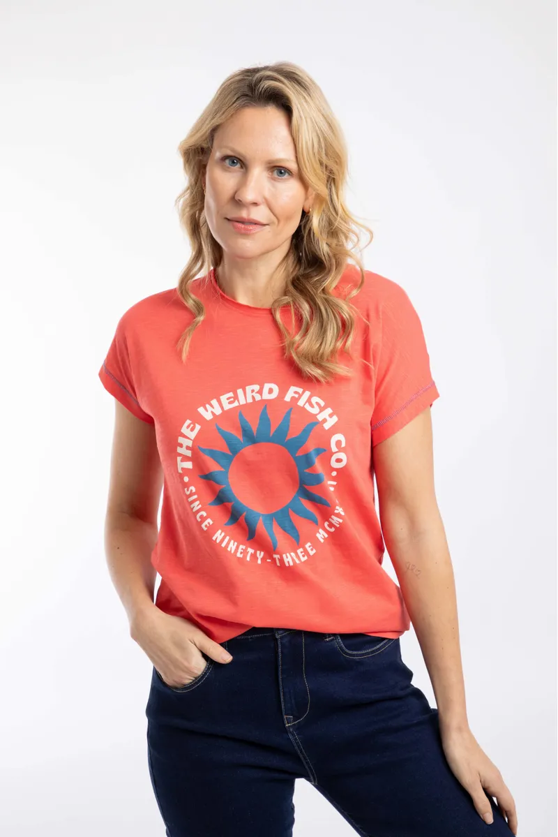 Weirdfish Sun Beam Organic Cotton Graphic Tee Womens in Dark Coral-1