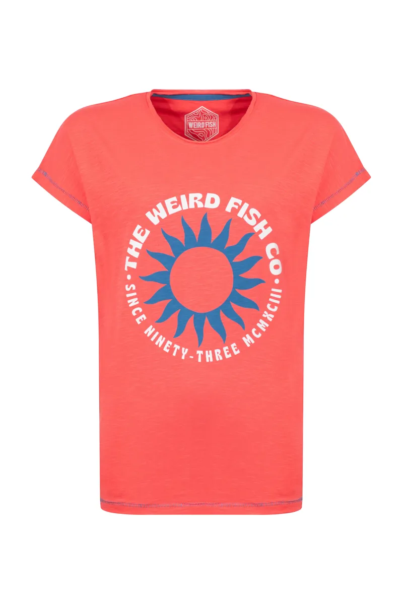 Weirdfish Sun Beam Organic Cotton Graphic Tee Womens in Dark Coral-2