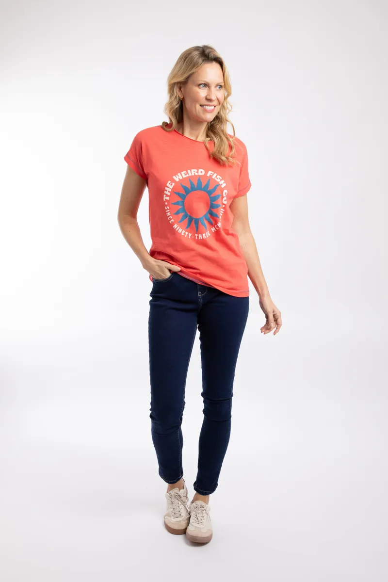 Weirdfish Sun Beam Organic Cotton Graphic Tee Womens in Dark Coral-4