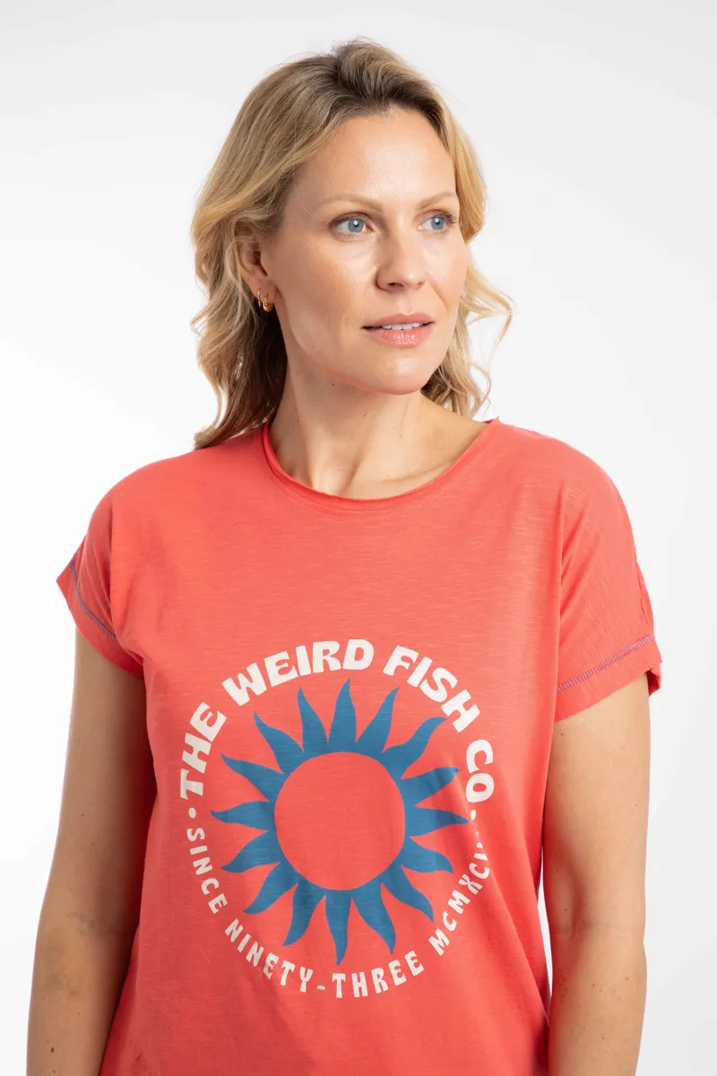 Weirdfish Sun Beam Organic Cotton Graphic Tee Womens in Dark Coral-5