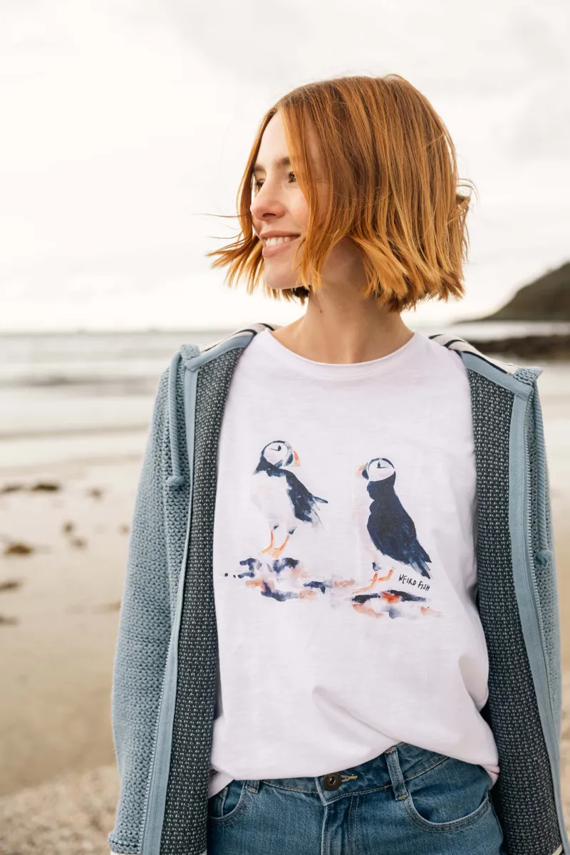 Weirdfish Puffins Organic Cotton Graphic Tee Womens in White