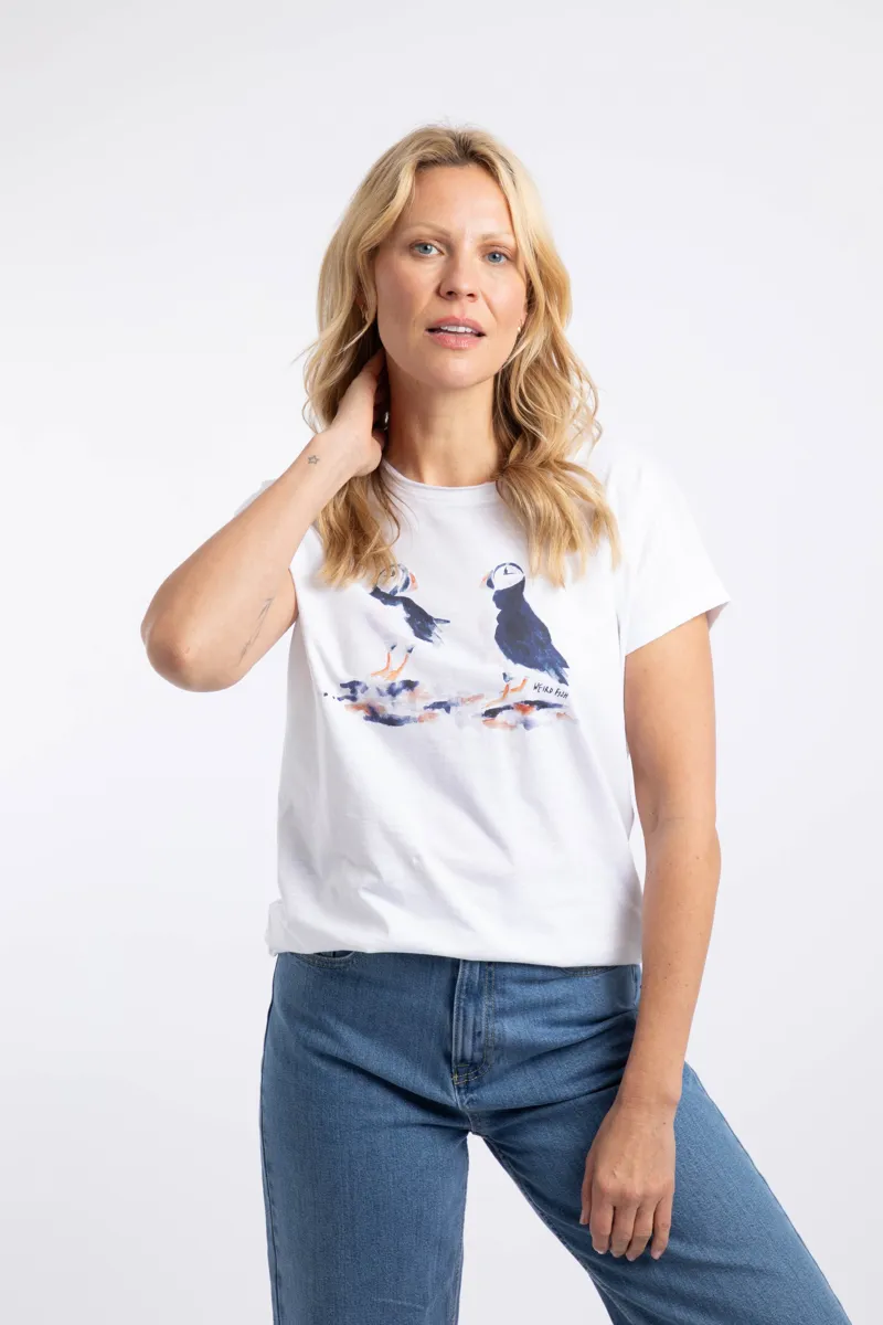 Weirdfish Puffins Organic Cotton Graphic Tee Womens in White-1