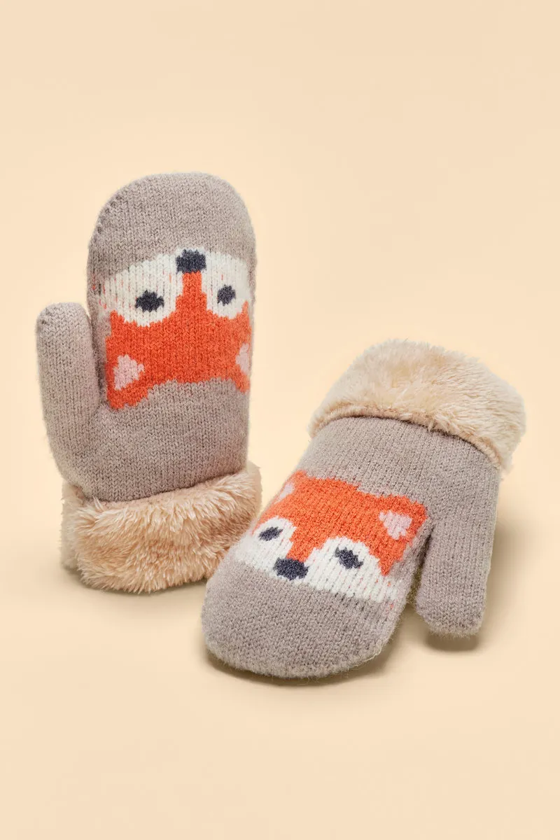 Powder Knitted Fox Mittens Kids in Slate