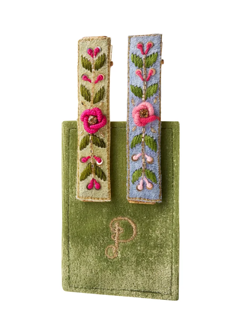 Powder Embroidered Hair Bars in Mint/Cornflower Floral Vines