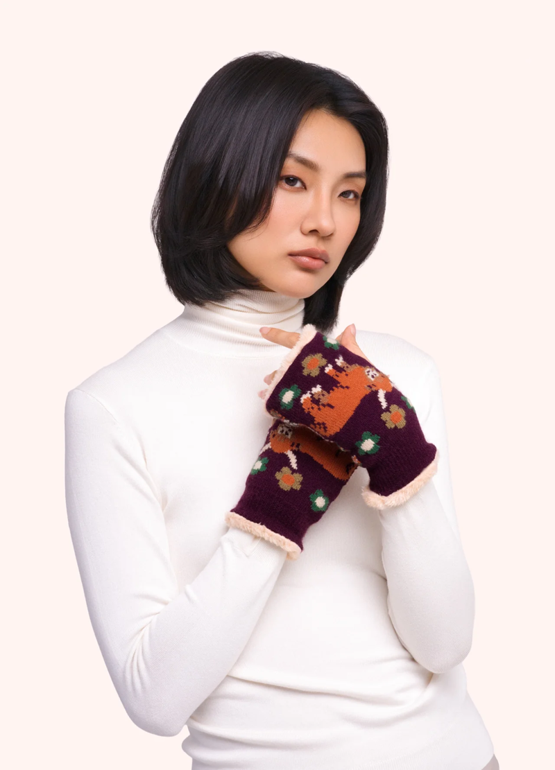 Powder Highland Cow Wrist Warmers in Damson-1