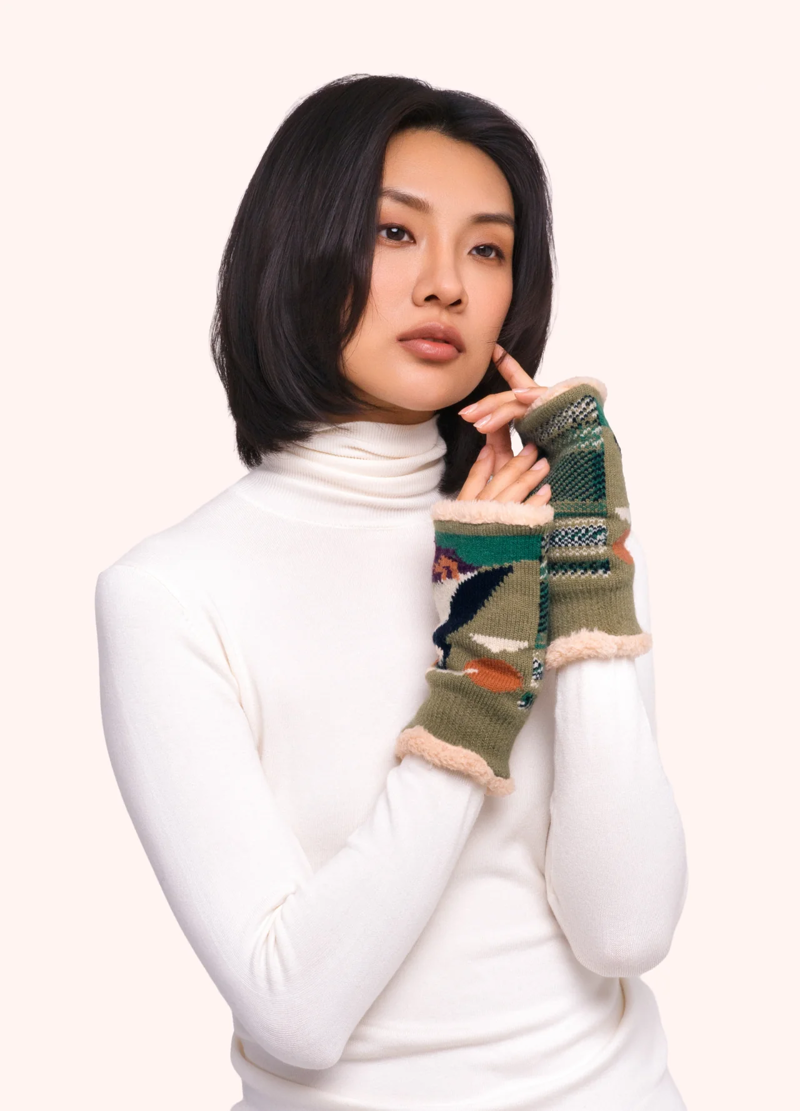 Powder Puffin Wrist Warmers in Moss-1