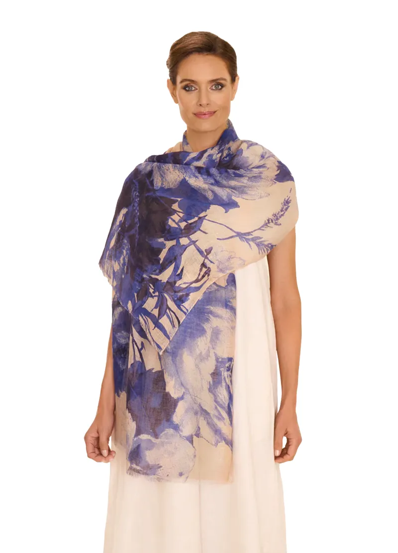 Powder China Blue Blooms Linen/Cotton Mix Scarf