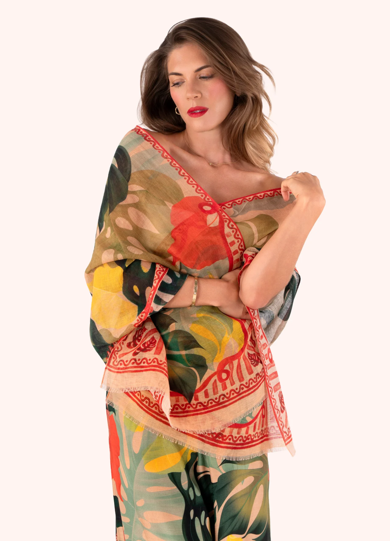 Powder Exotic Leaves Linen Scarf