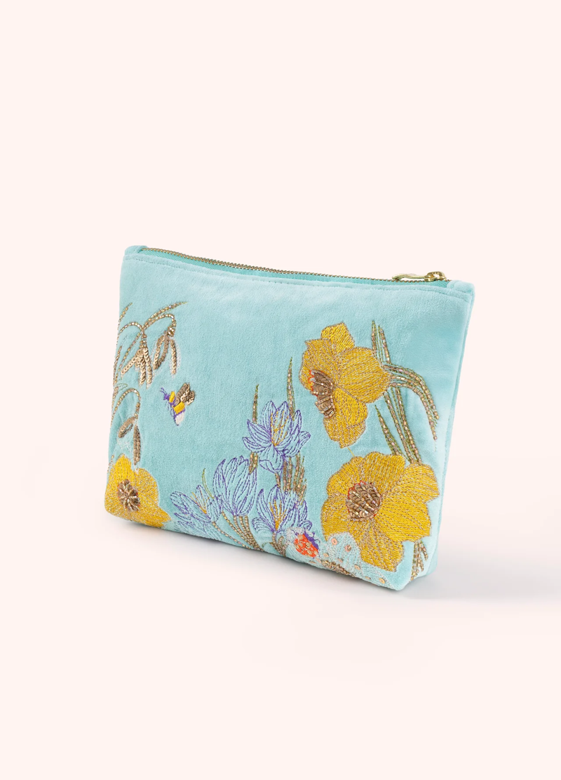Powder Medium Velvet Embroidered Zip Pouch in Wildflower Meadow