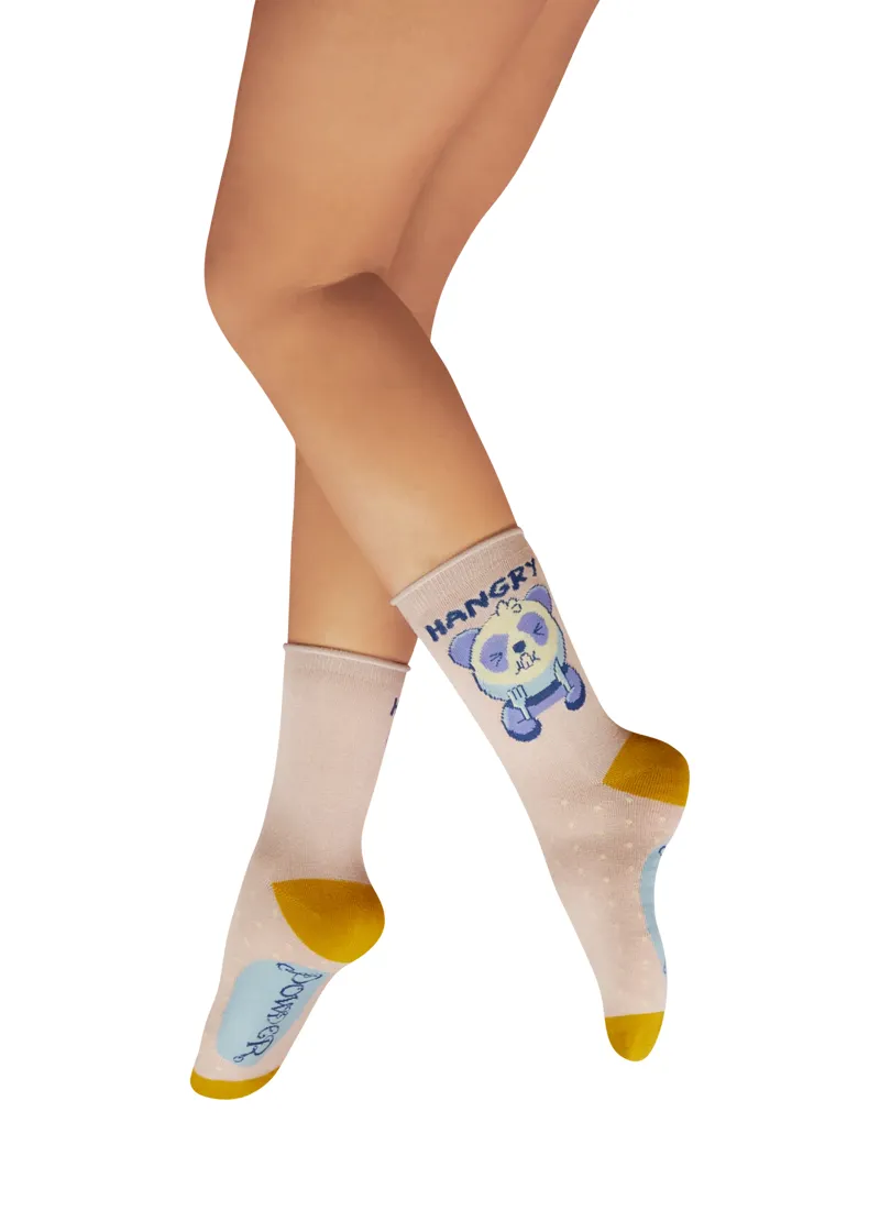 Powder Hangry Panda Ladies Ankle Socks in Petal