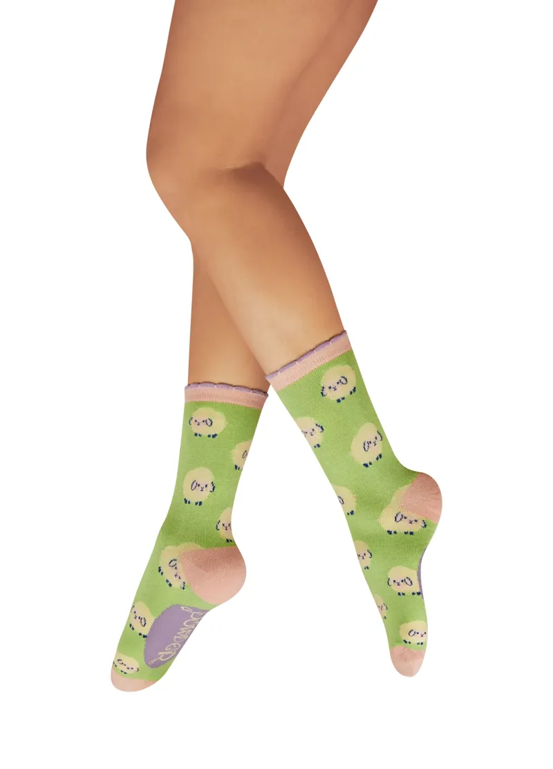 Powder Marshmallow Sheep Ladies Trainer Socks in Mint