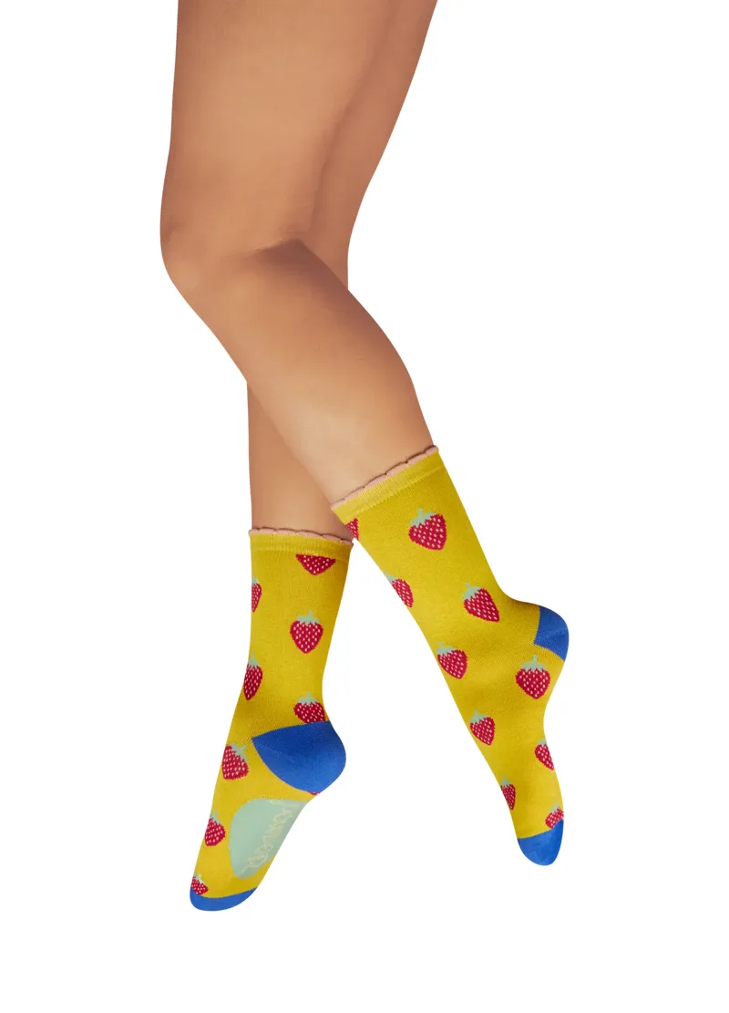 Powder Succulent Strawberries Ladies Ankle Socks in Mustard
