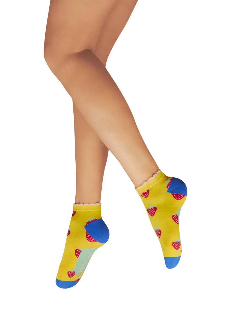 Powder Succulent Strawberries Ladies Trainer Socks in Mustard