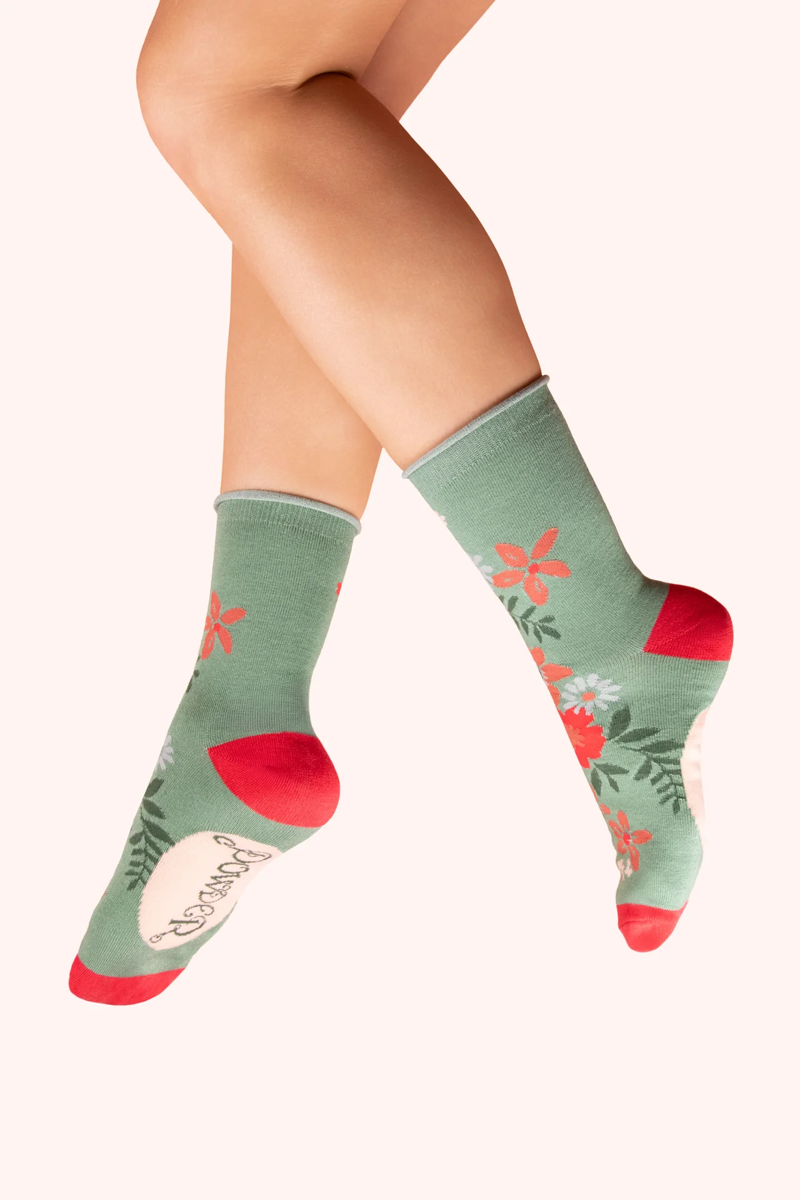 Powder Floral Spray Ankle Socks Womens in Olive