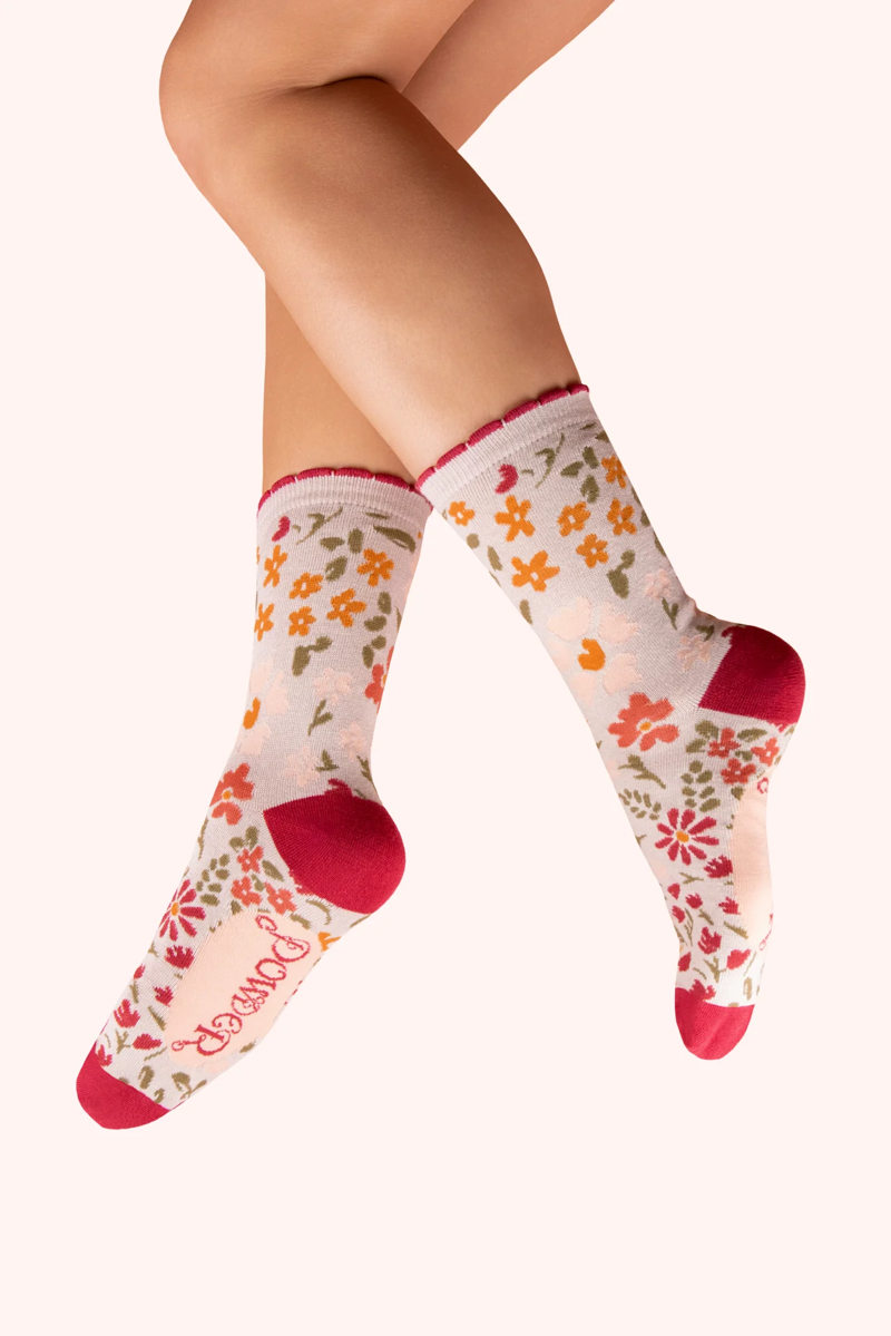 Powder Flower Meadow Ankle Socks Womens in Cream