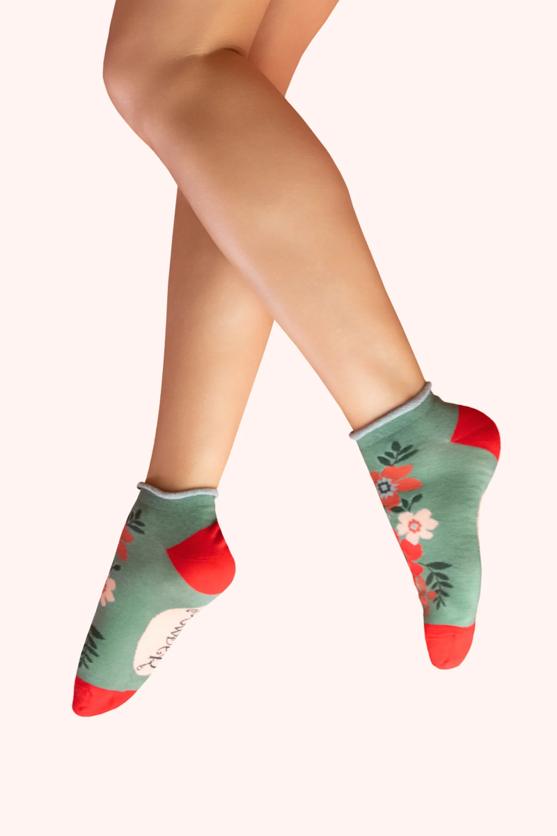 Powder Floral Spray Trainer Socks Womens in Olive