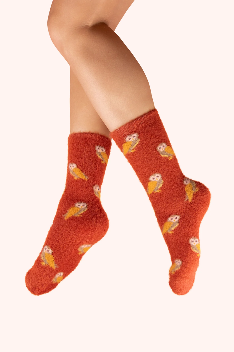 Powder Mini Owls Fuzzy Socks Womens in Tangerine