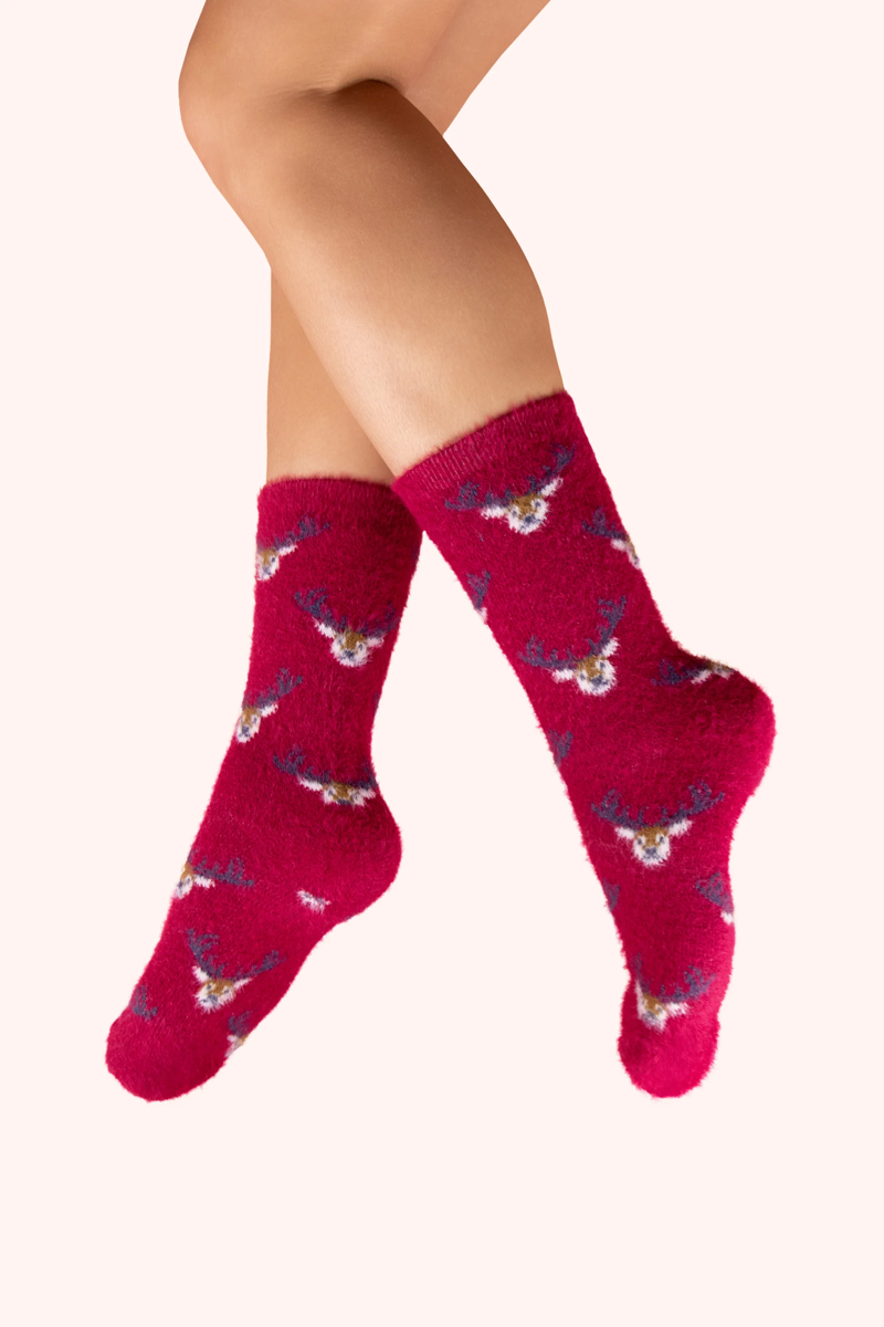 Powder Mini Stags Fuzzy Socks in Fuchsia