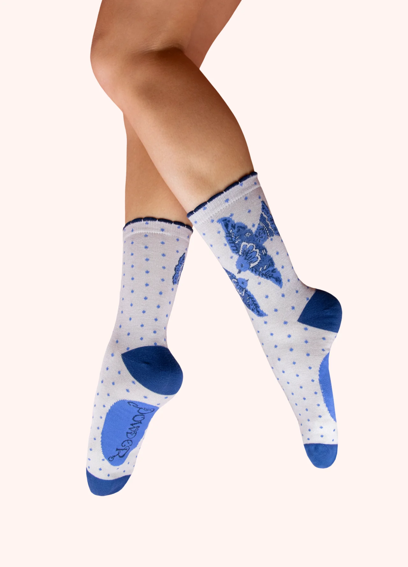 Powder Blue Birds Bamboo Ankle Socks Womens