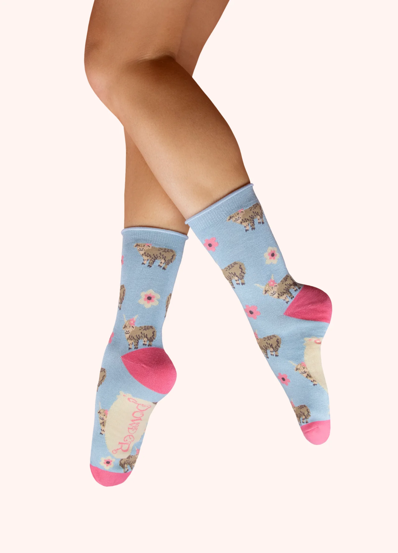 Powder Highland Cow Bamboo Ankle Socks Womens