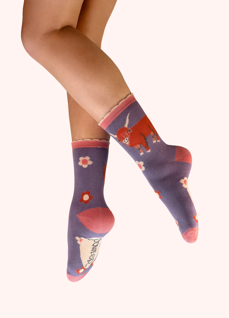 Powder Highland Cow Bamboo Ankle Socks Womens in Purple