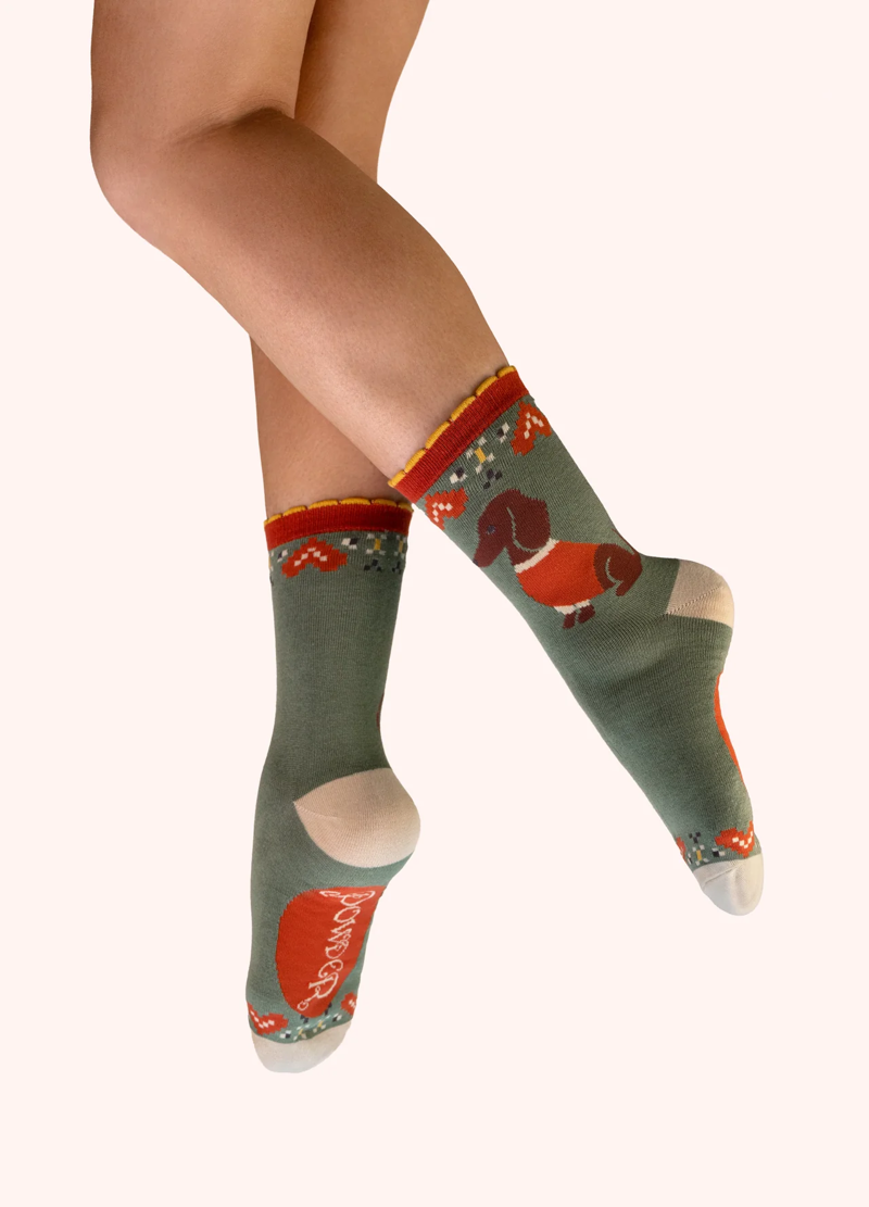 Powder Snuggle Sausage Dogs Bamboo Ankle Socks  Womens in Olive
