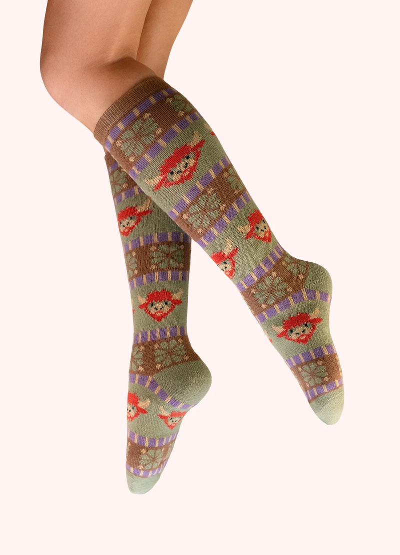 Powder Fair Isle Highland Cow Knee High Socks Womens